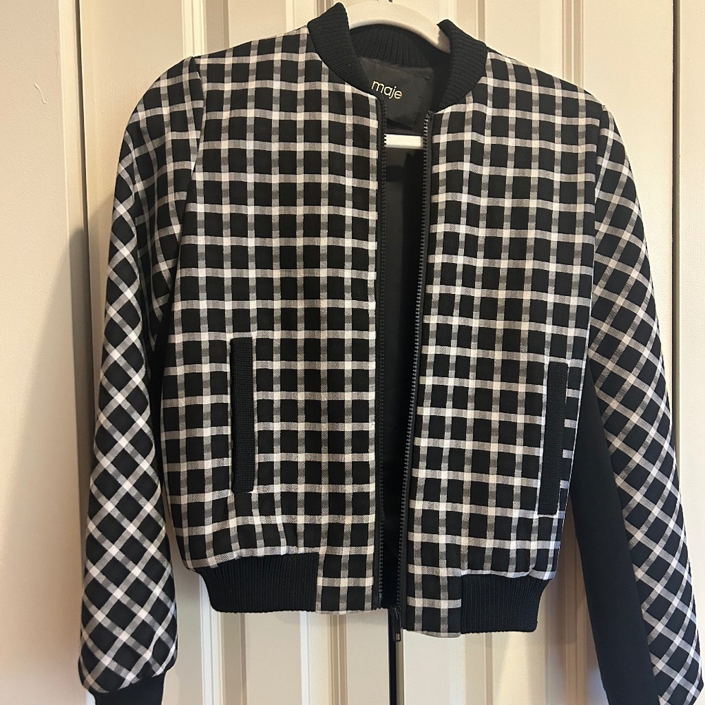 Maje Black & White Checkered Bomber Jacket